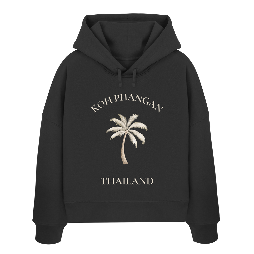 Damen Bio Boxcut Hoodie in Black mit Koh Phangan Mini Palm Frontprint – Original-Shirtigo-Mockup