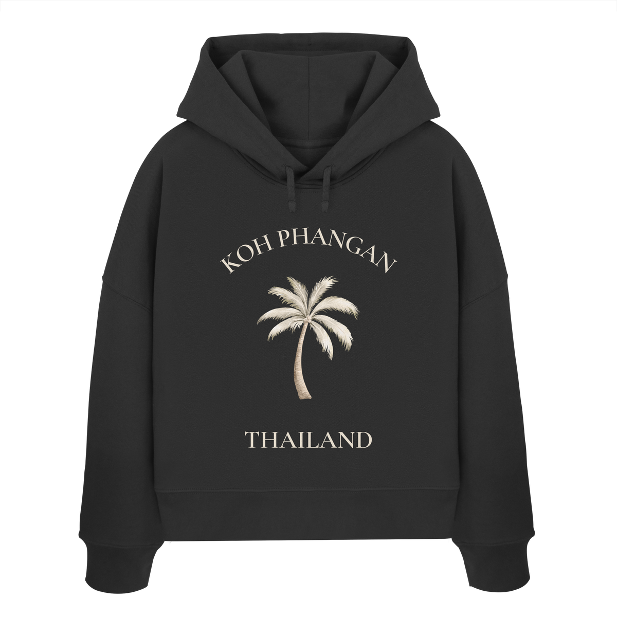 Damen Bio Boxcut Hoodie in Black mit Koh Phangan Mini Palm Frontprint – Original-Shirtigo-Mockup