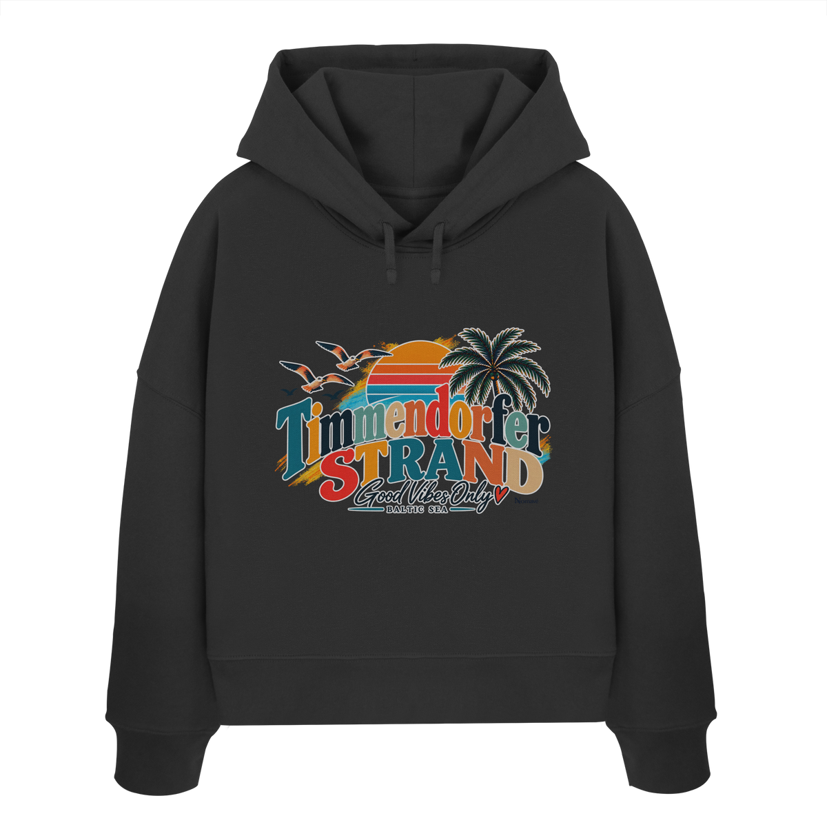 Damen-Boxcut-Hoodie in Black mit Timmendorfer-Strand-Good-Vibes-Only-Frontprint, originales Shirtigo-Mockup.