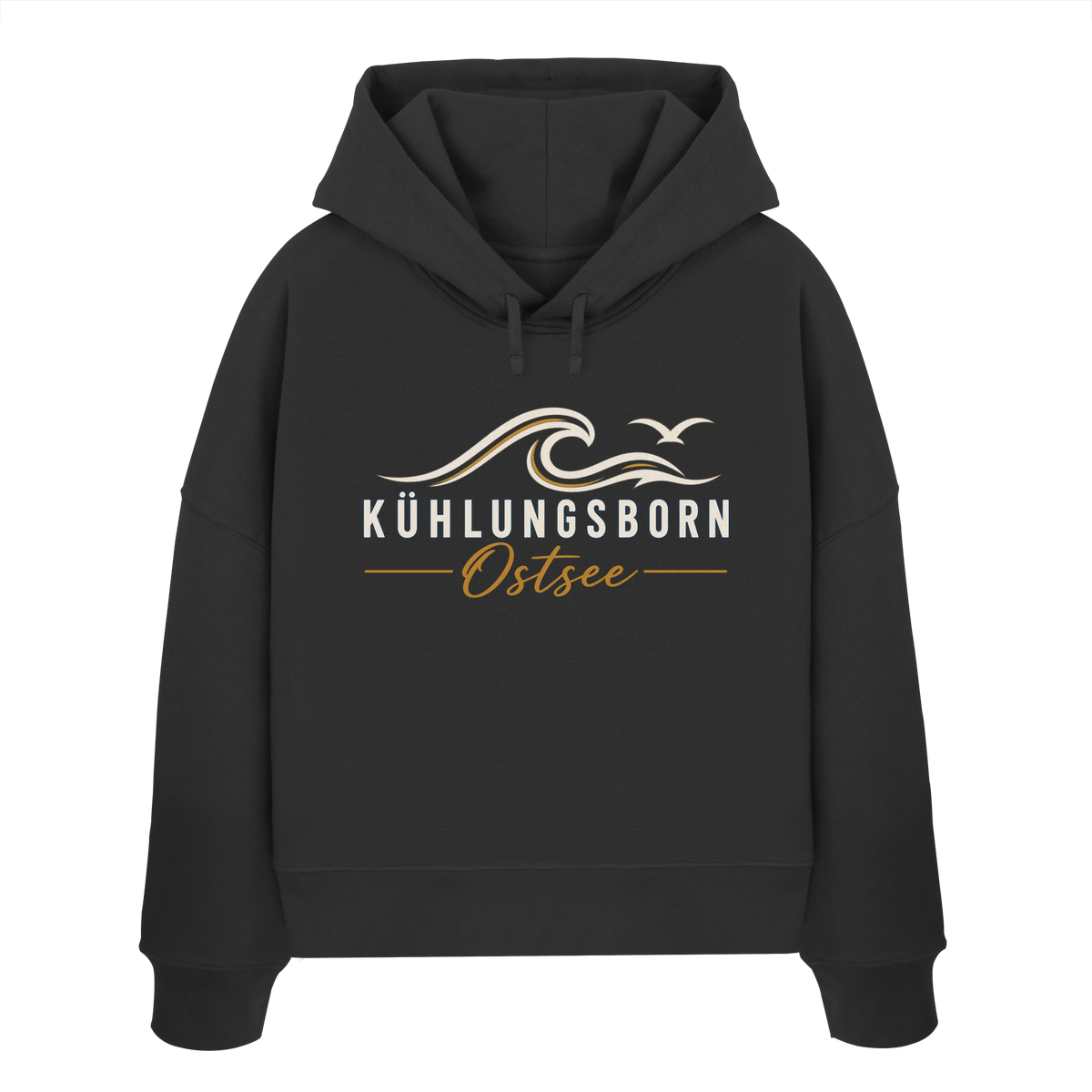 Shirtigo-Originalmockup: Damen Bio-Boxcut-Hoodie Kühlungsborn Baltic Waves, Dark Edition, Black, Vorderansicht mit Motiv.