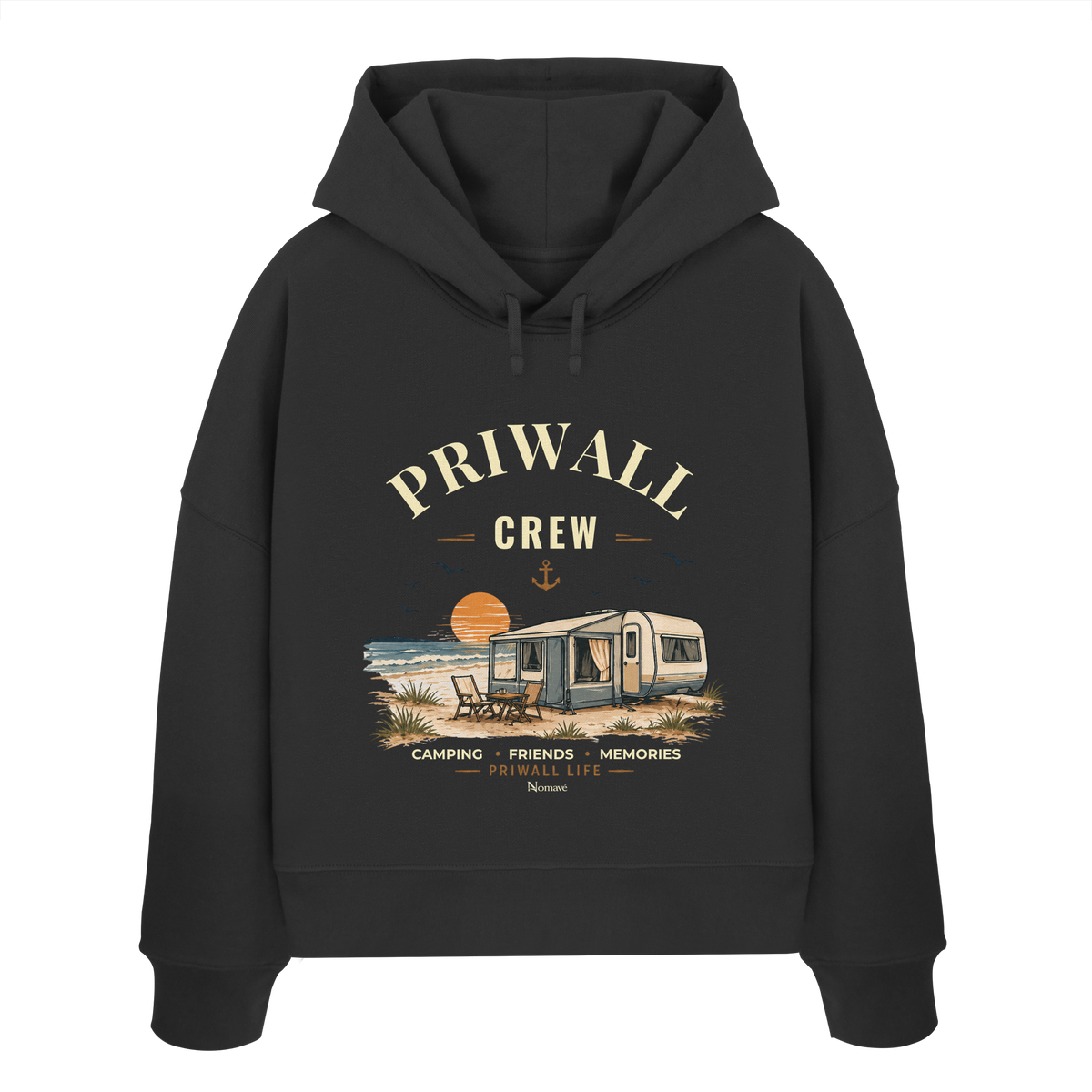 Damen Bio Boxcut Hoodie Kapuzenpullover in Black mit korrigiertem Priwall-Crew-Motiv der Dark Edition – Vorderansicht