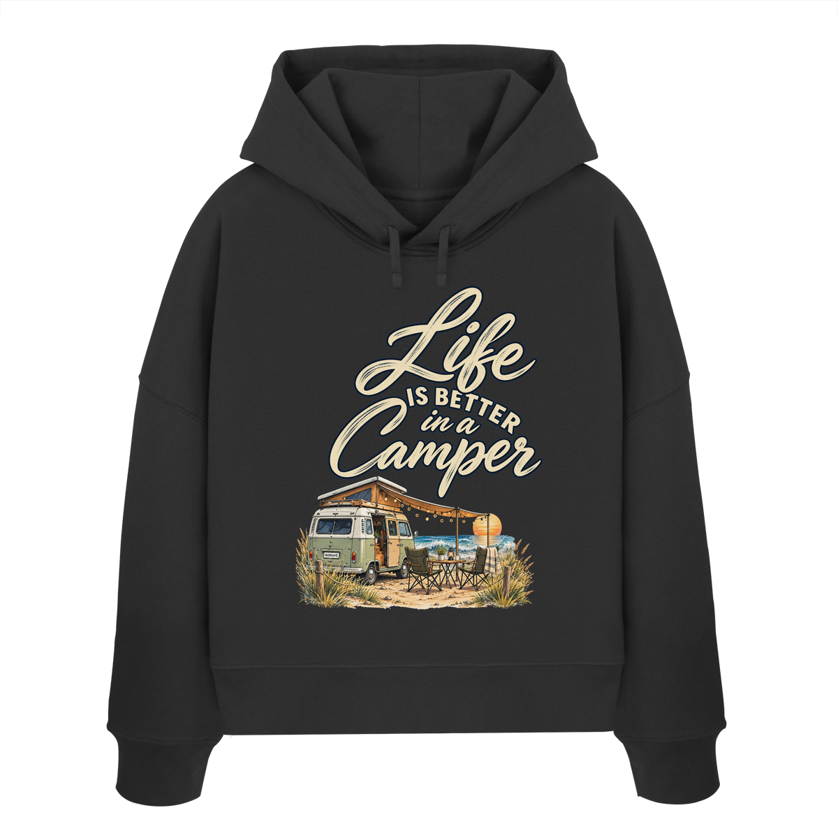 Damen Bio Boxcut Hoodie in Black mit „Life is better in a Camper“-Motiv – Vorderansicht für Vanlife- und Campingfans
