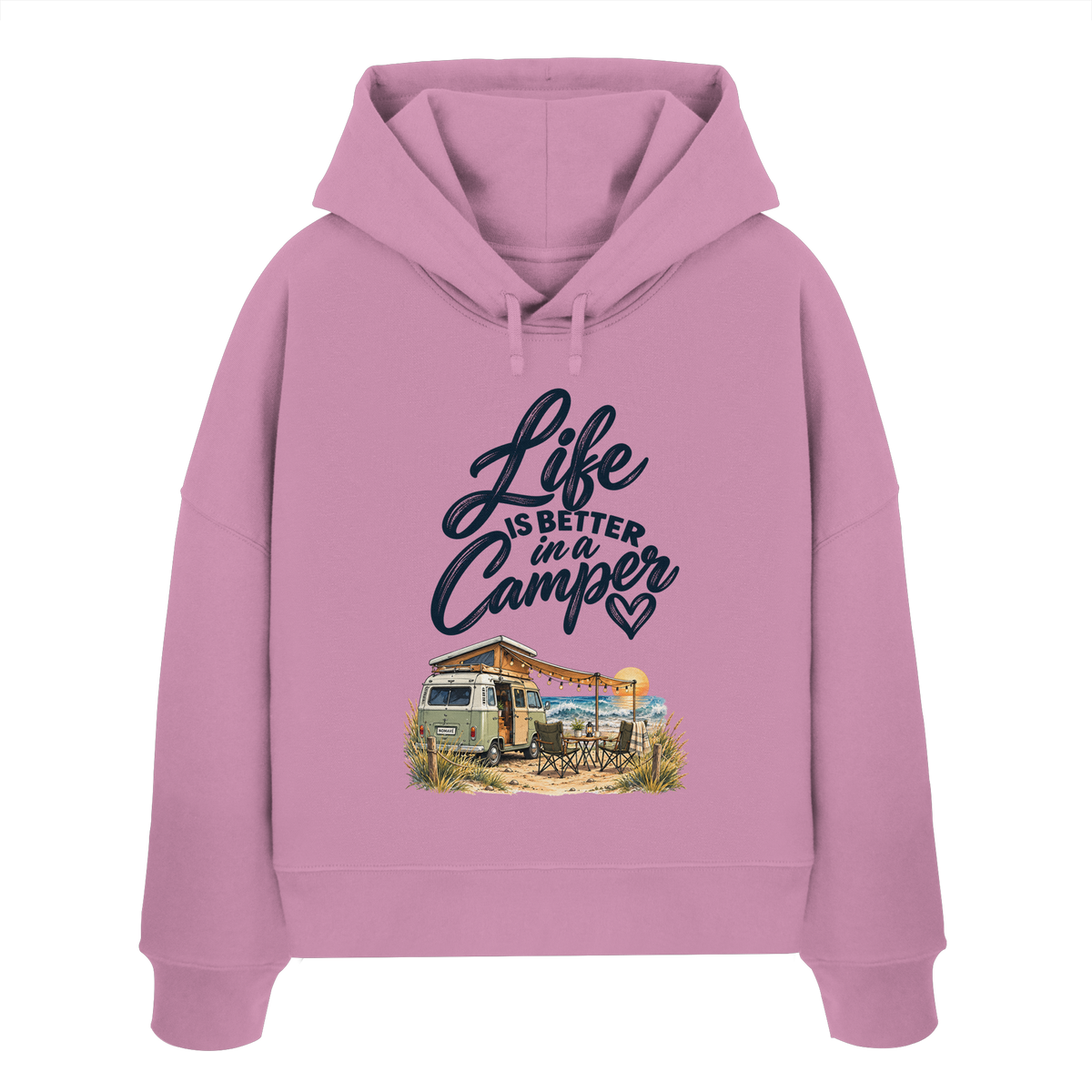 Damen Bio Boxcut Hoodie mit „Life is better in a Camper“-Motiv – Vorderansicht in Bubble Pink für Vanlife- und Campingfans