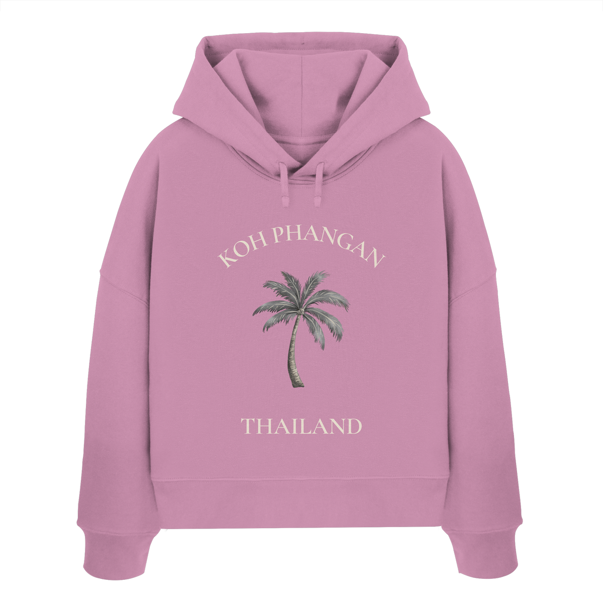 Original-Shirtigo-Mockup: Damen Bio Boxcut Hoodie in Bubble Pink mit Koh Phangan Mini Palm Frontprint