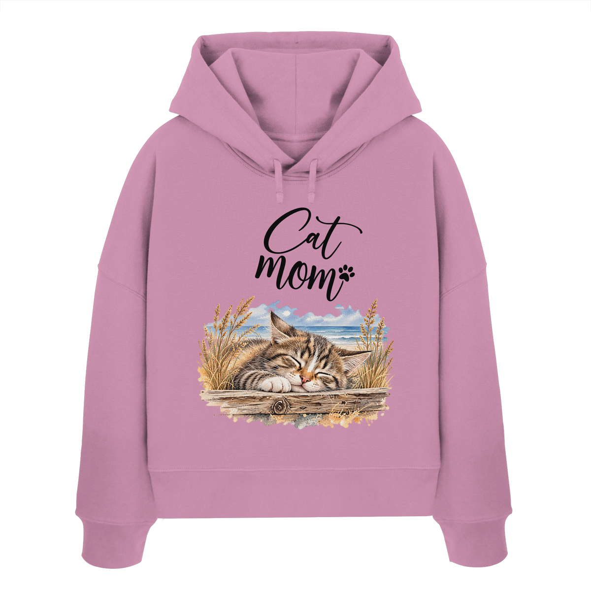 Damen Bio-Boxcut-Hoodie in Bubble Pink mit Cat-Mom-Katzenmotiv als Frontprint – Vorderansicht im Original-Mockup.