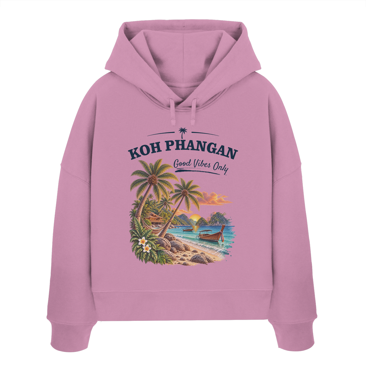 Koh Phangan Good Vibes Only – Damen Bio Boxcut Hoodie – Frontprint – Original-Mockup womens organic boxcut hoodie bubble pink mit Motivdruck