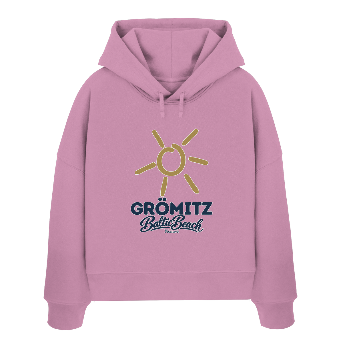 Damen Bio Boxcut Hoodie Grömitz Sonne Baltic Beach in Bubble Pink – Frontdruck mit goldener Sonne, Shirtigo-Originalmockup 8