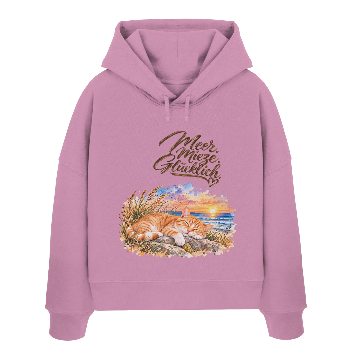Damen Bio-Boxcut-Hoodie in Bubble Pink mit „Meer. Mieze. Glücklich.“ als Frontprint – Original-Mockup