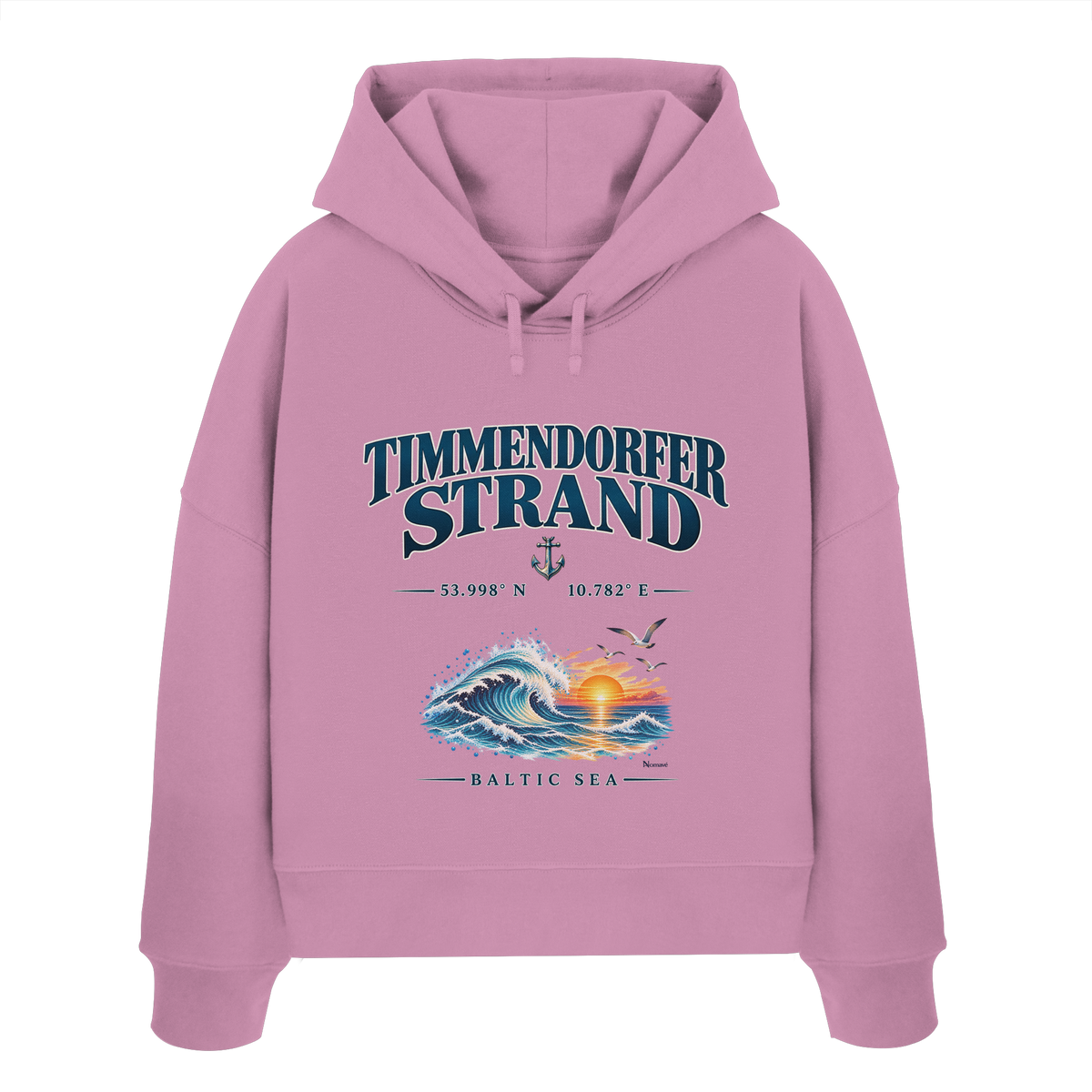 Original-Mockup 7: Damen Bio-Boxcut-Hoodie in Bubble Pink mit Timmendorfer Strand – Baltic Sea Frontprint.