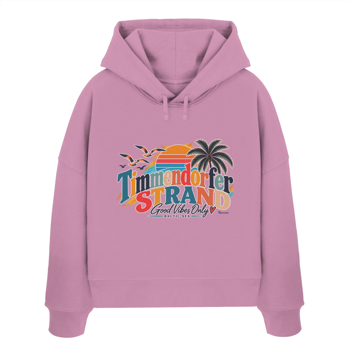 Damen-Boxcut-Hoodie in Bubble Pink mit Timmendorfer-Strand-Good-Vibes-Only-Frontprint, originales Shirtigo-Mockup.