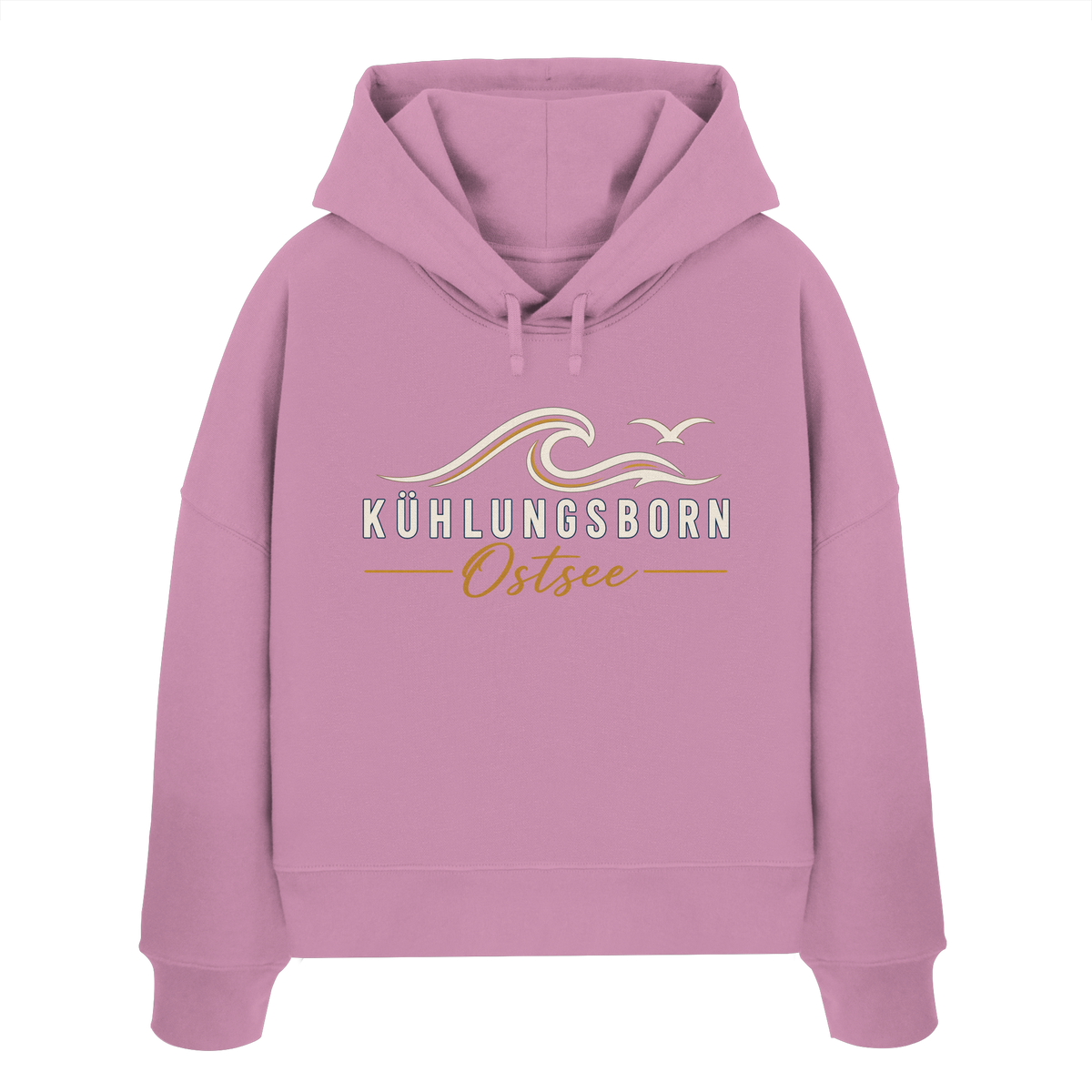 Shirtigo-Originalmockup: Damen Bio-Boxcut-Hoodie Kühlungsborn Baltic Waves, Dark Edition, Bubble Pink, Vorderansicht mit Motiv.
