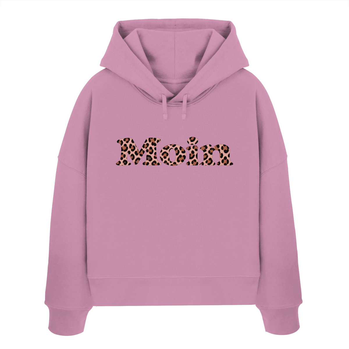 Damen-Bio-Boxcut-Hoodie in Bubble Pink mit Moin-Leo-Blush-Pink-Frontprint.