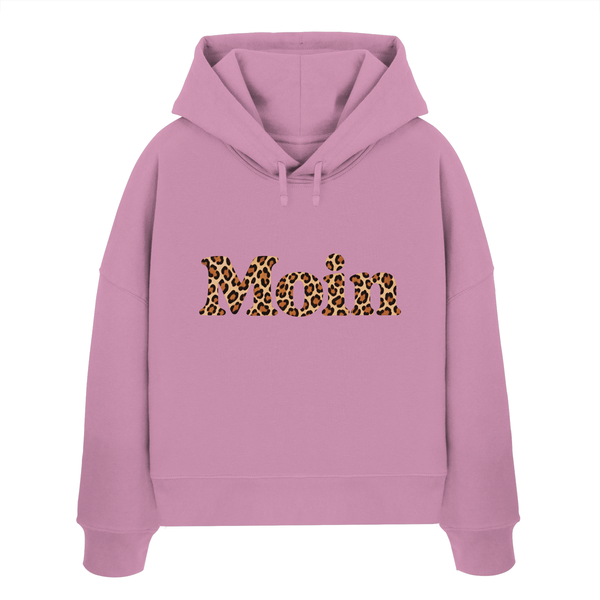 Original-Shirtigo-Mockup: Damen Bio Boxcut Hoodie in Bubble Pink mit „Moin“ im Karamell-Leoprint als Frontprint