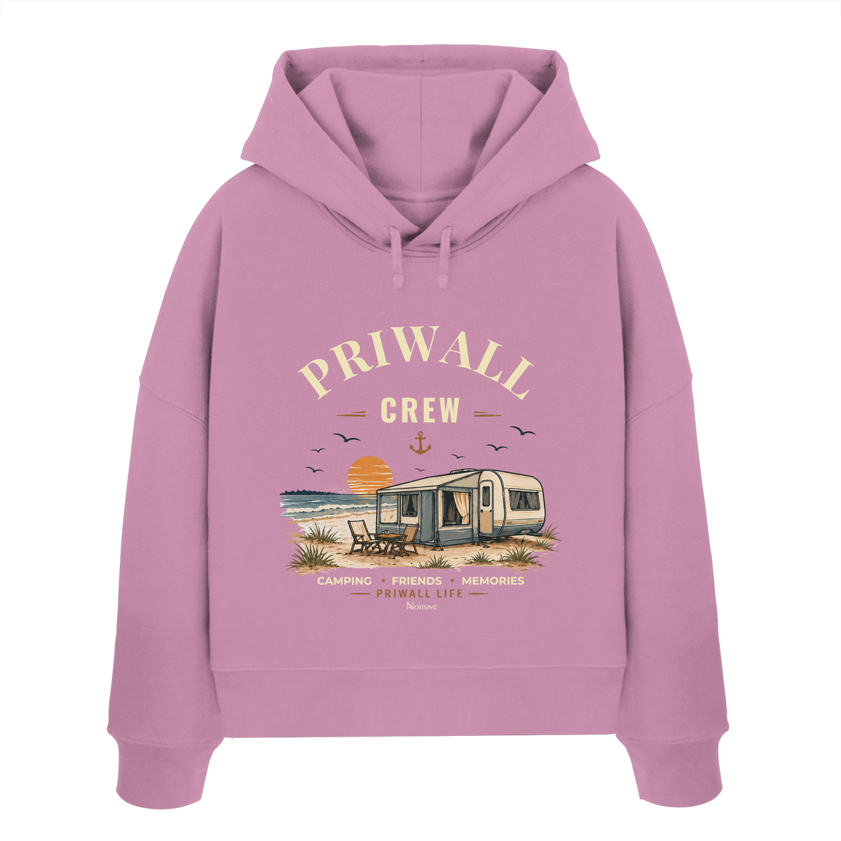 Damen Bio Boxcut Hoodie Kapuzenpullover in Bubble Pink mit korrigiertem Priwall-Crew-Motiv der Dark Edition – Vorderansicht
