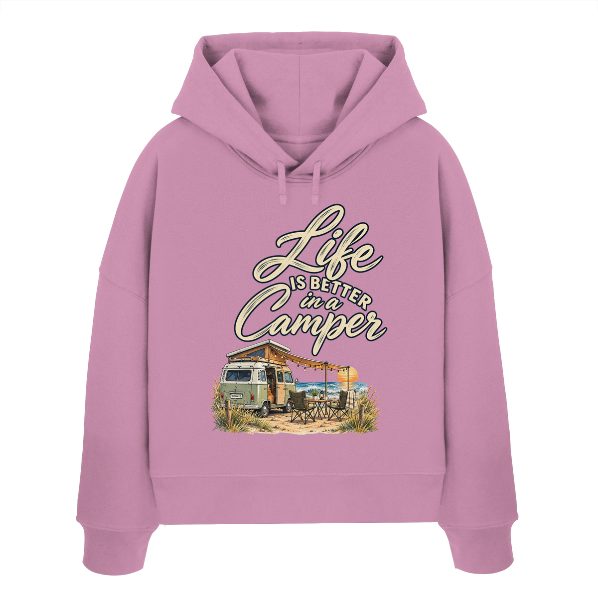 Damen Bio Boxcut Hoodie in Bubble Pink mit „Life is better in a Camper“-Motiv – Vorderansicht für Vanlife- und Campingfans
