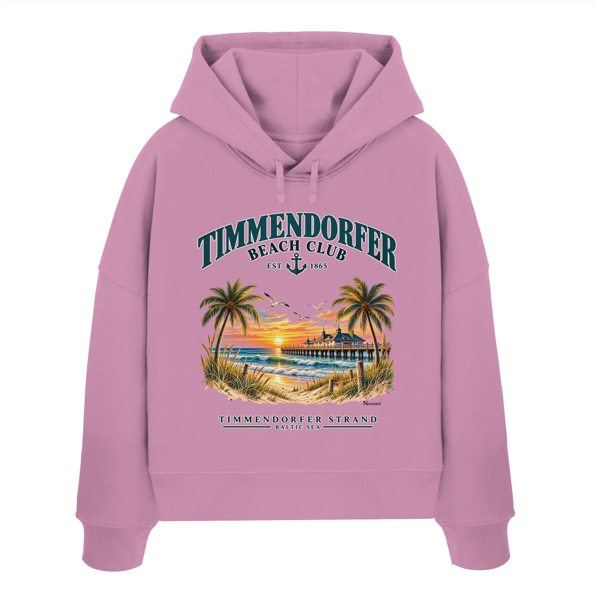 Originalmockup: Timmendorfer Beach Club Damen Bio-Boxcut-Hoodie in Bubble Pink, Vorderansicht mit maritimem Frontprint, Palmen, Seebrücke und Meer.