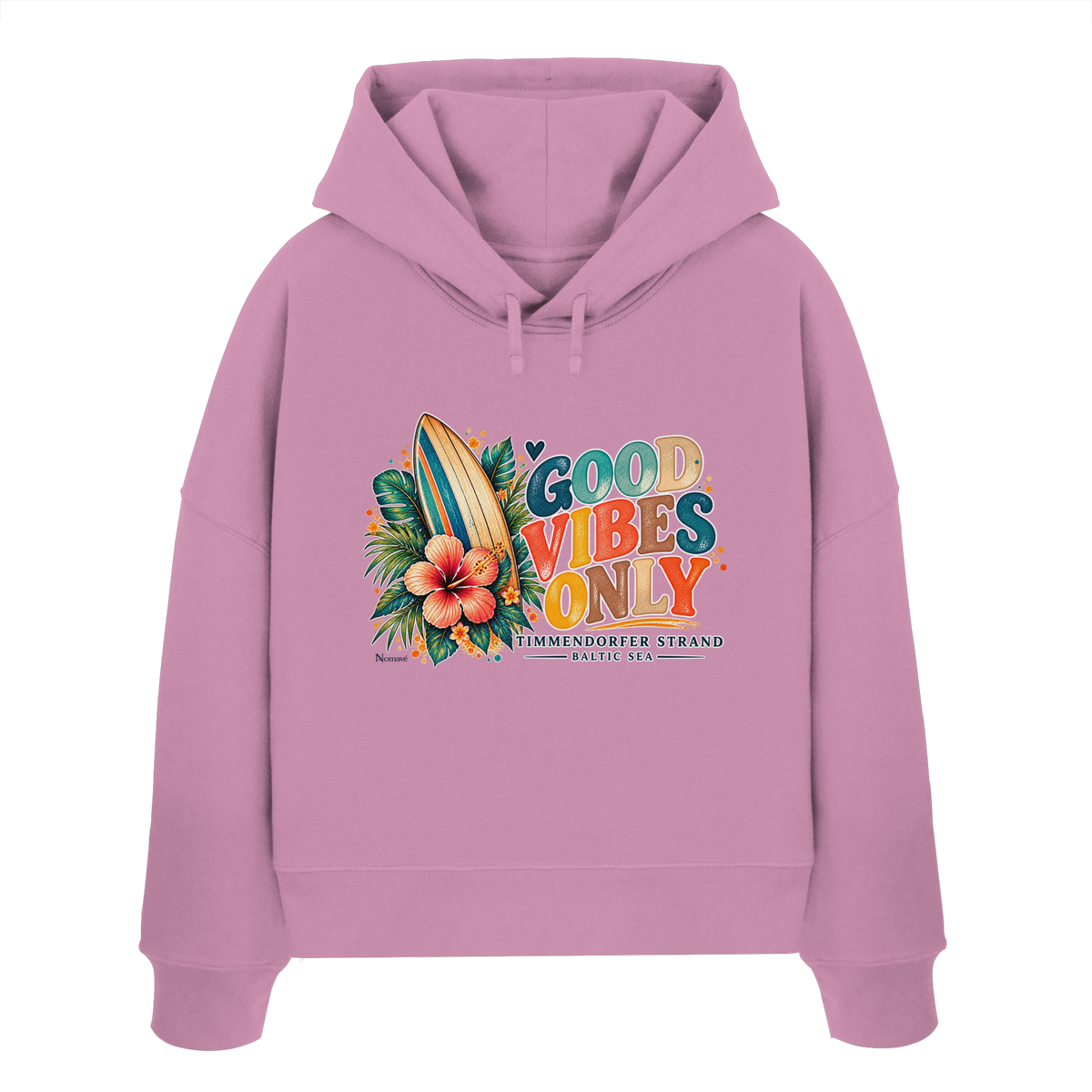 Timmendorfer Strand – Surf Vibes – Damen Bio-Boxcut-Hoodie mit Frontprint in Bubble Pink – Katalog-Vorderansicht mit Surfboard, Hibiskus und Good-Vibes-Only-Frontprint.