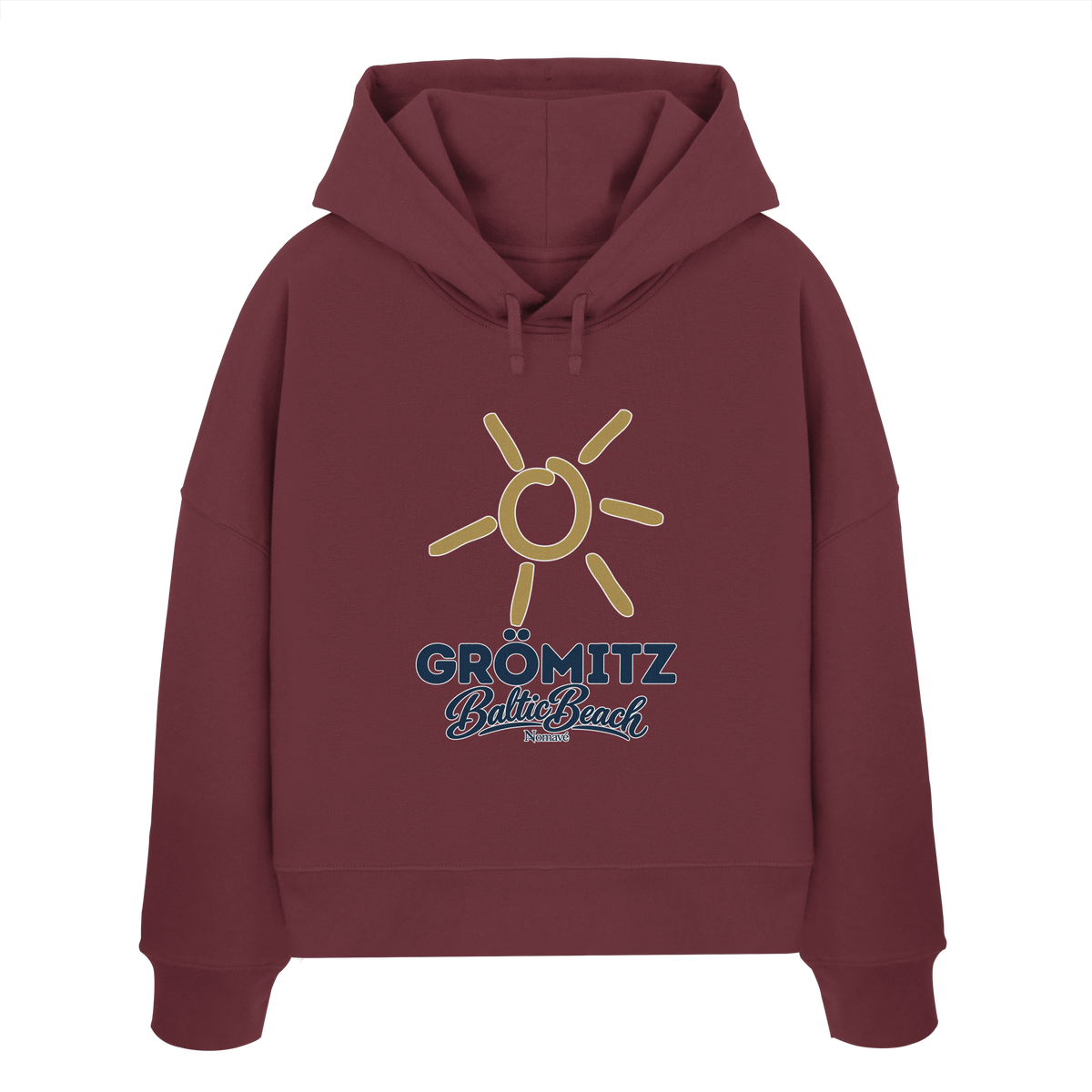 Damen Bio Boxcut Hoodie Grömitz Sonne Baltic Beach in Burgundy – Frontdruck mit goldener Sonne, Shirtigo-Originalmockup 7