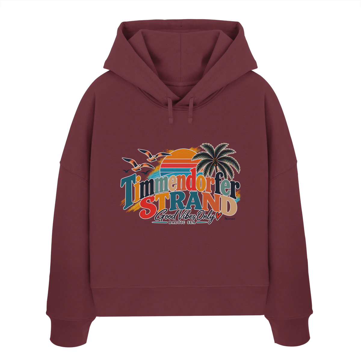 Damen-Boxcut-Hoodie in Burgundy mit Timmendorfer-Strand-Good-Vibes-Only-Frontprint, originales Shirtigo-Mockup.