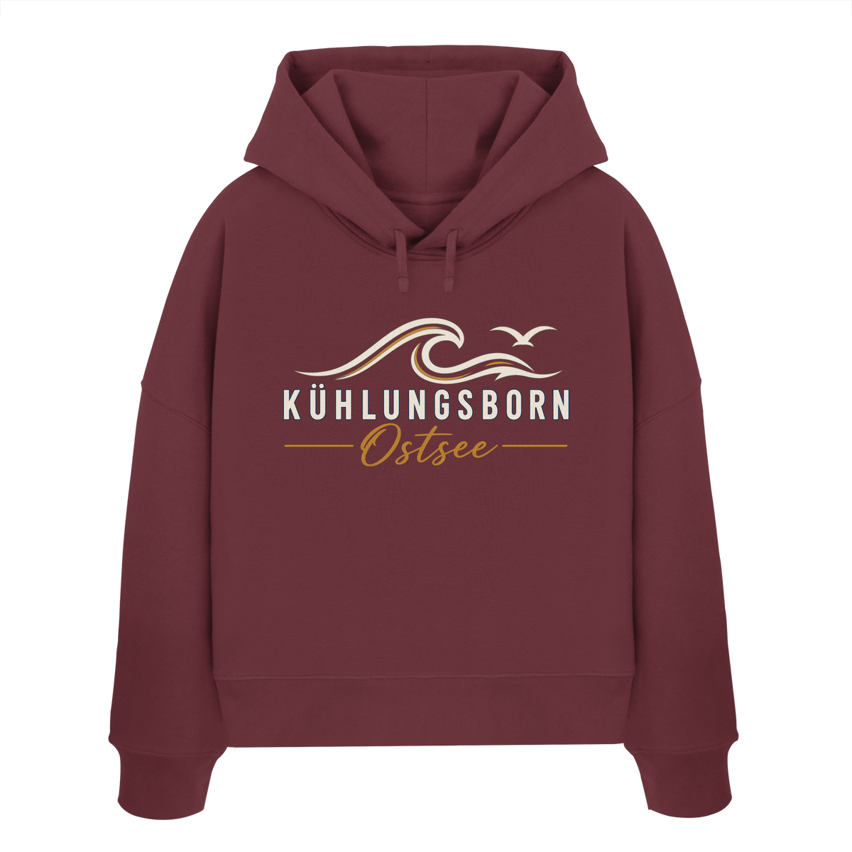 Shirtigo-Originalmockup: Damen Bio-Boxcut-Hoodie Kühlungsborn Baltic Waves, Dark Edition, Burgundy, Vorderansicht mit Motiv.