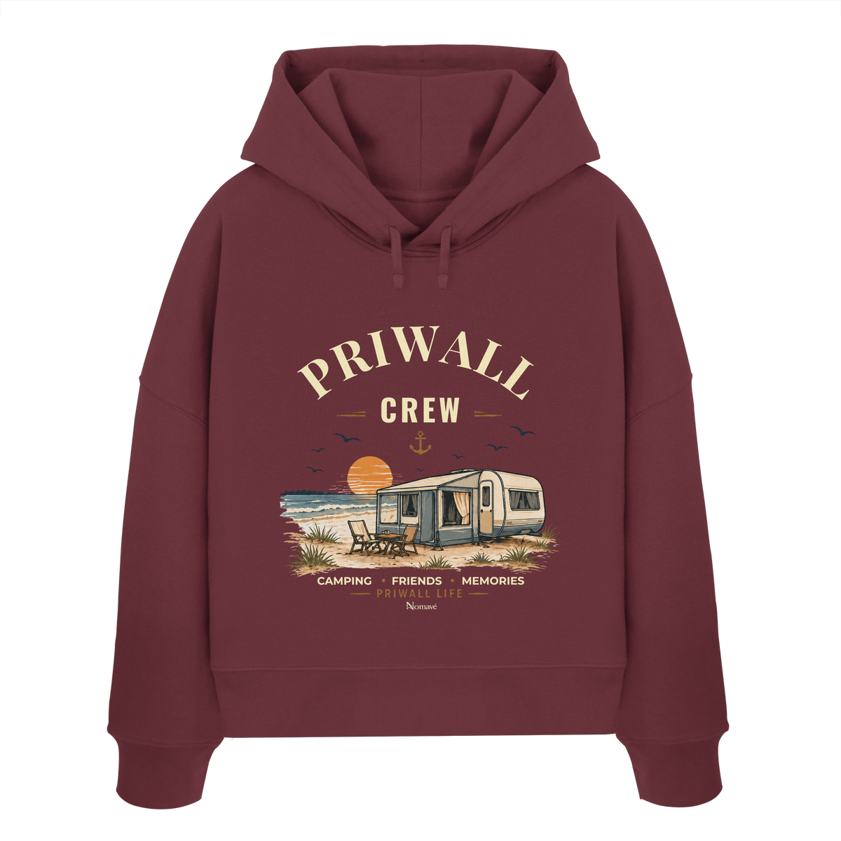 Damen Bio Boxcut Hoodie Kapuzenpullover in Burgundy mit korrigiertem Priwall-Crew-Motiv der Dark Edition – Vorderansicht