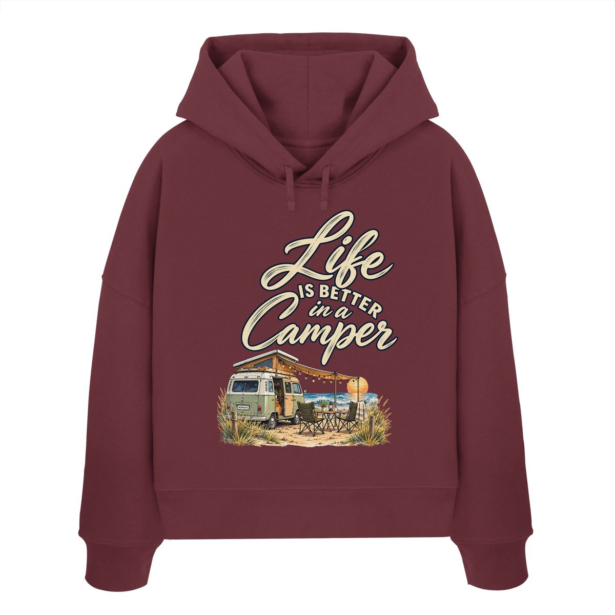 Damen Bio Boxcut Hoodie in Burgundy mit „Life is better in a Camper“-Motiv – Vorderansicht für Vanlife- und Campingfans