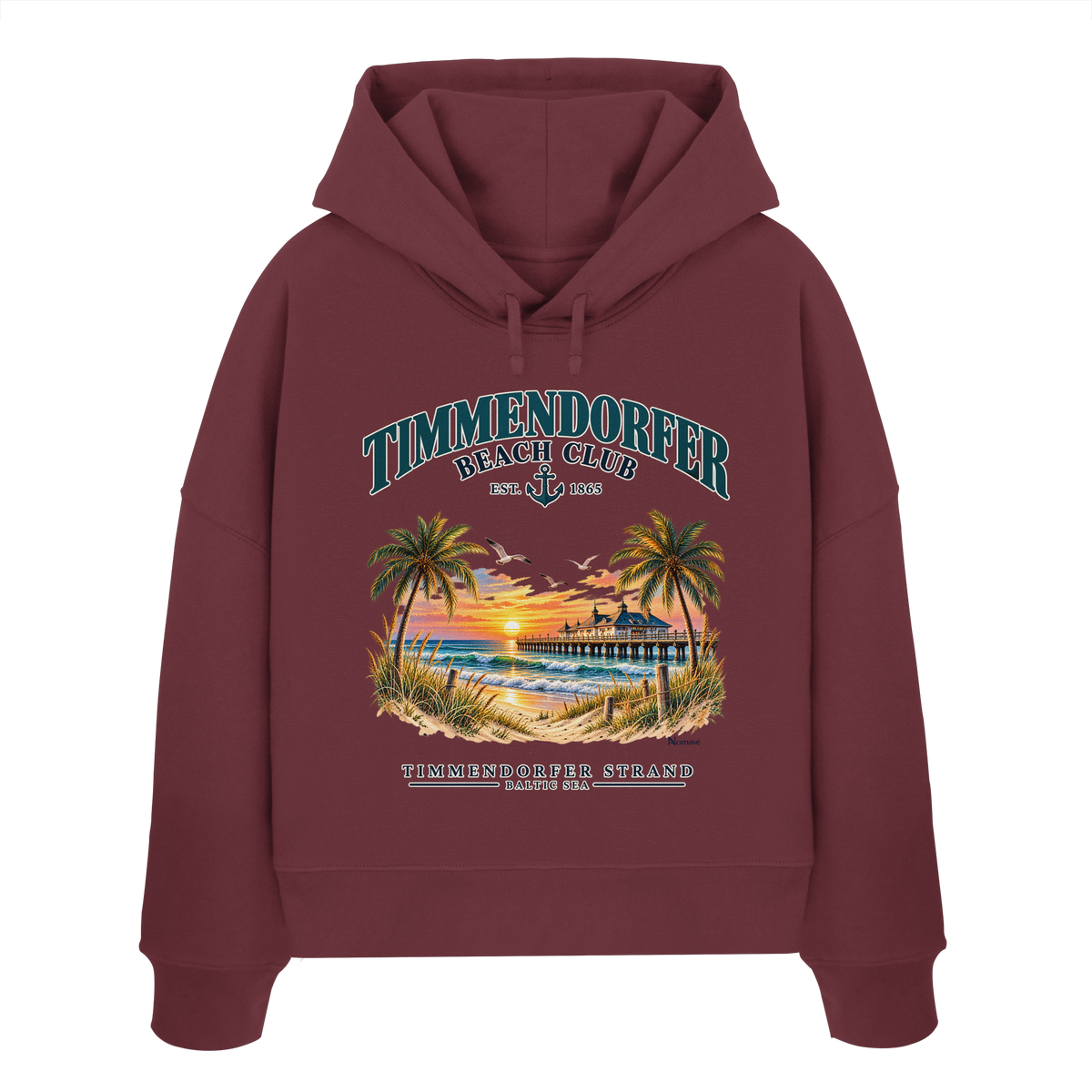 Originalmockup: Timmendorfer Beach Club Damen Bio-Boxcut-Hoodie in Burgundy, Vorderansicht mit maritimem Frontprint, Palmen, Seebrücke und Meer.