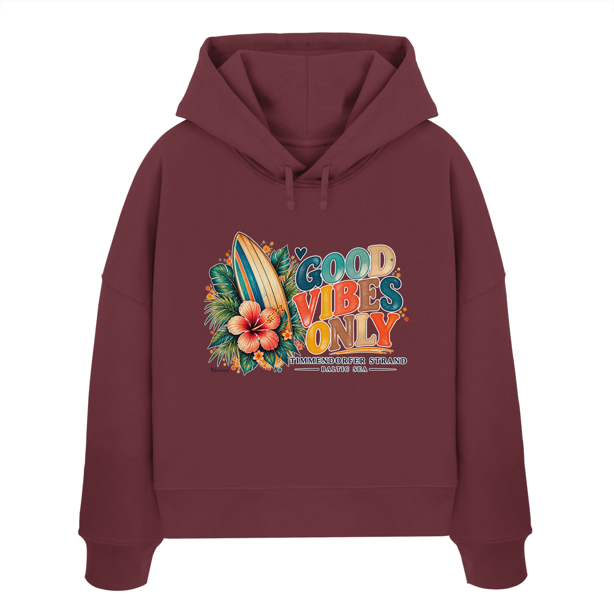 Timmendorfer Strand – Surf Vibes – Damen Bio-Boxcut-Hoodie mit Frontprint in Burgundy – Katalog-Vorderansicht mit Surfboard, Hibiskus und Good-Vibes-Only-Frontprint.