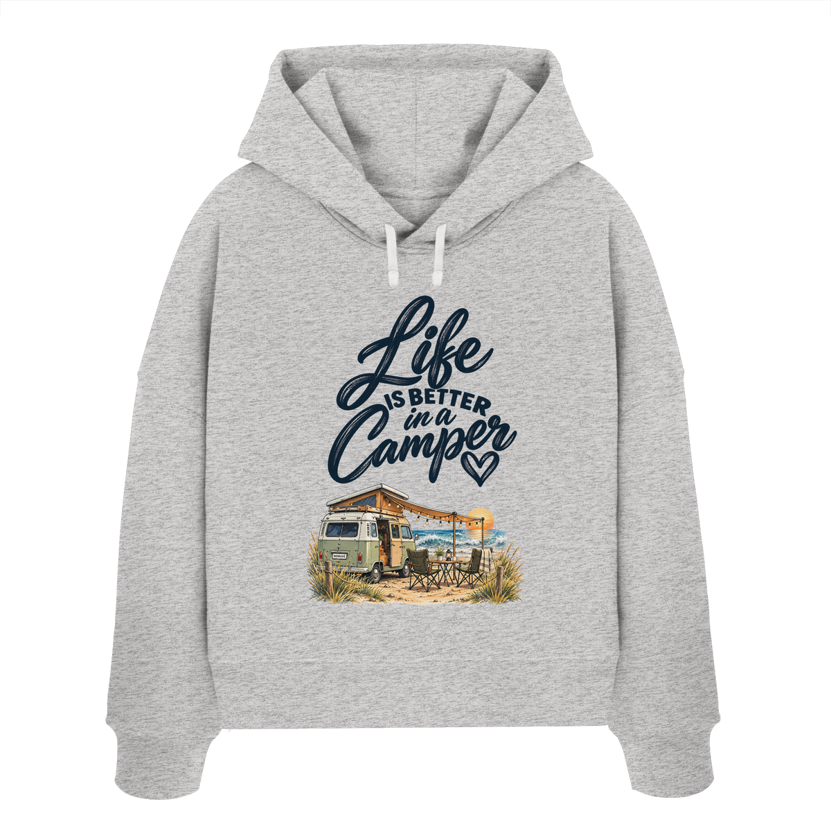 Damen Bio Boxcut Hoodie mit „Life is better in a Camper“-Motiv – Vorderansicht in Heather Grey für Vanlife- und Campingfans