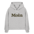 Damen Bio Boxcut Hoodie in Cool Heather Grey mit Moin-Leoprint in Sage Green als Frontprint, Original-Mockup.