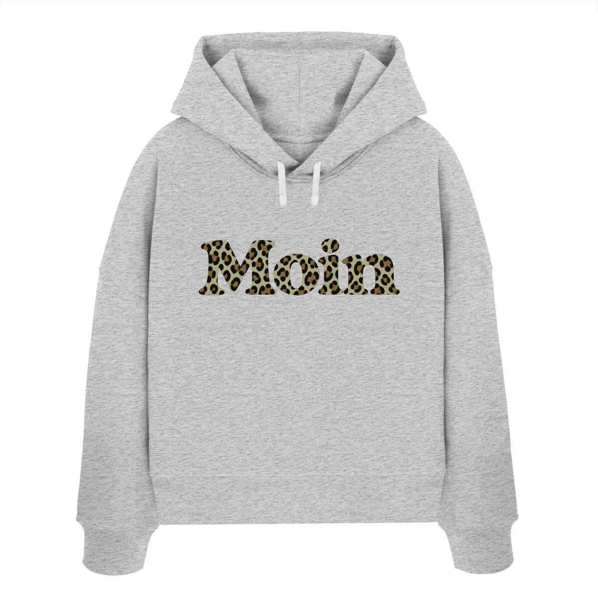 Damen Bio Boxcut Hoodie in Cool Heather Grey mit Moin-Leoprint in Sage Green als Frontprint, Original-Mockup.