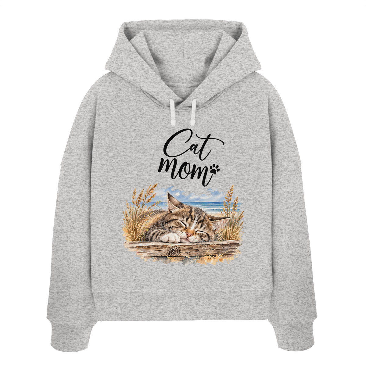 Damen Bio-Boxcut-Hoodie in Cool Heather Grey mit Cat-Mom-Katzenmotiv als Frontprint – Vorderansicht im Original-Mockup.