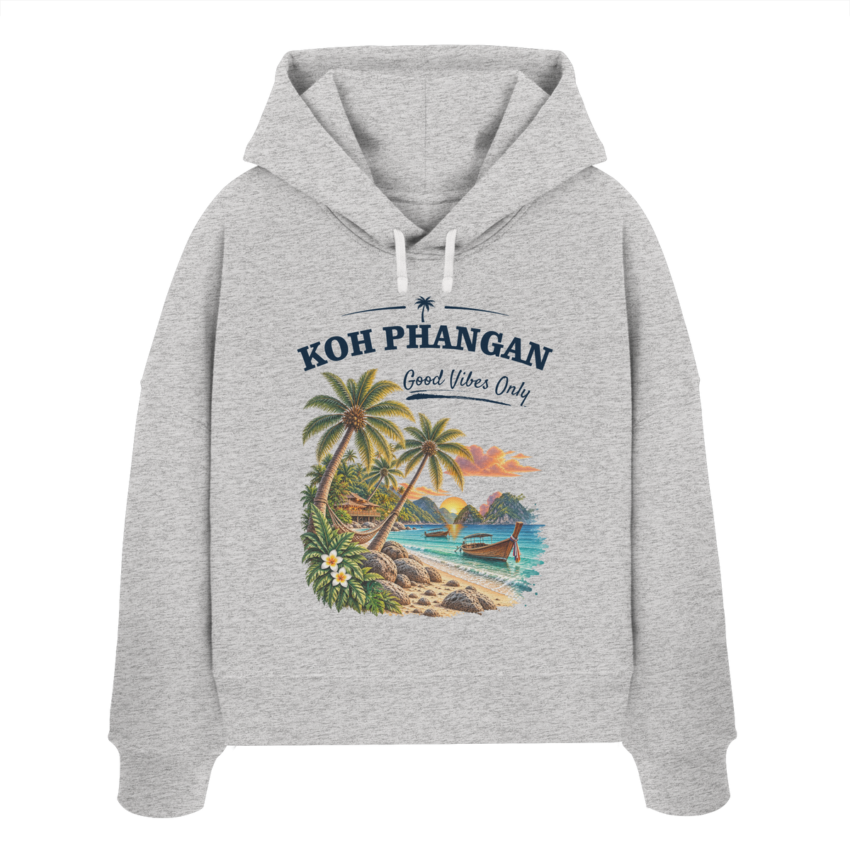 Koh Phangan Good Vibes Only – Damen Bio Boxcut Hoodie – Frontprint – Original-Mockup womens organic boxcut hoodie cool heather grey mit Motivdruck