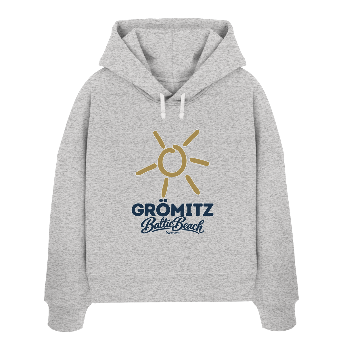 Damen Bio Boxcut Hoodie Grömitz Sonne Baltic Beach in Cool Heather Grey – Frontdruck mit goldener Sonne, Shirtigo-Originalmockup 2