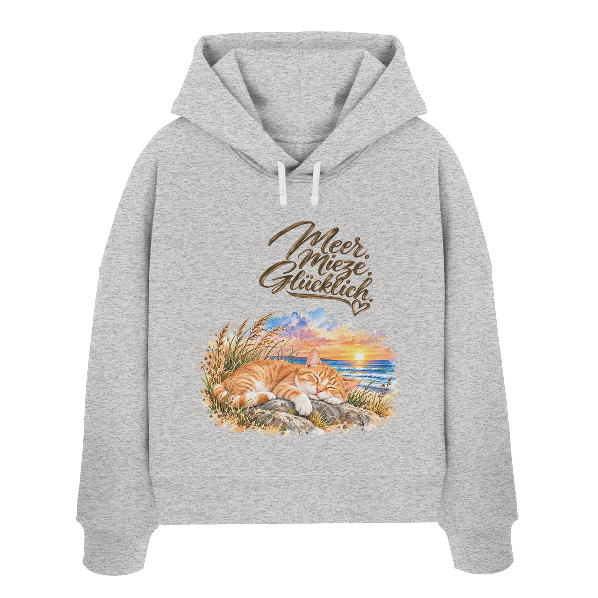 Damen Bio-Boxcut-Hoodie in Cool Heather Grey mit „Meer. Mieze. Glücklich.“ als Frontprint – Original-Mockup