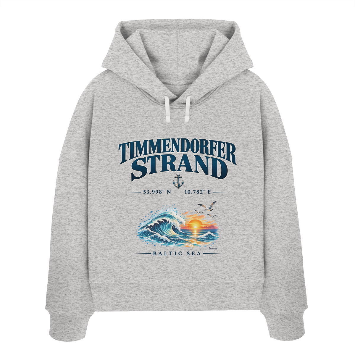 Original-Mockup 2: Damen Bio-Boxcut-Hoodie in Cool Heather Grey mit Timmendorfer Strand – Baltic Sea Frontprint.