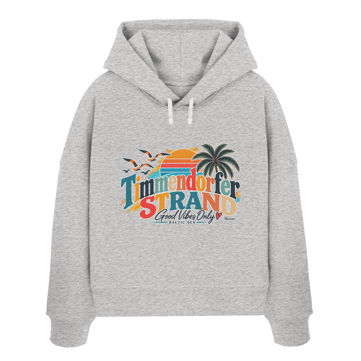 Damen-Boxcut-Hoodie in Cool Heather Grey mit Timmendorfer-Strand-Good-Vibes-Only-Frontprint, originales Shirtigo-Mockup.