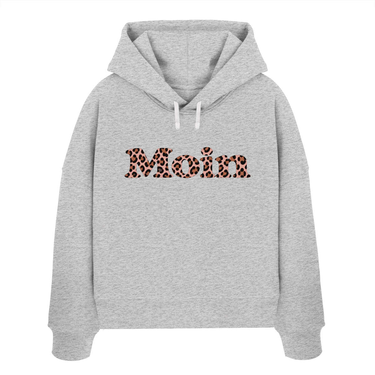 Damen-Bio-Boxcut-Hoodie in Cool Heather Grey mit Moin-Leo-Blush-Pink-Frontprint.