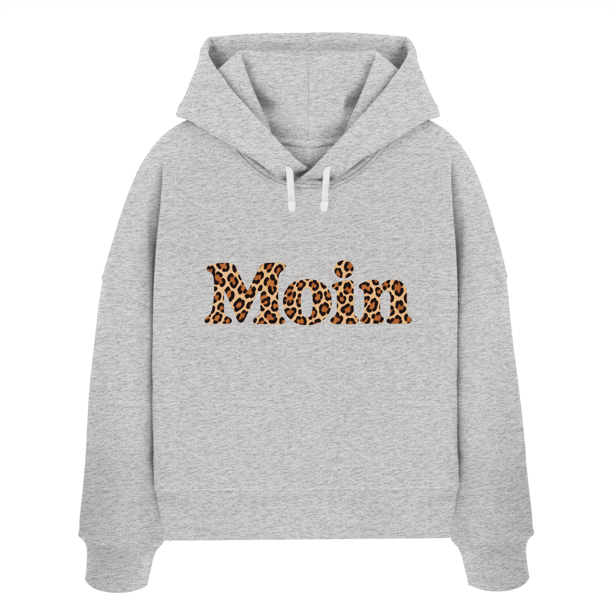 Original-Shirtigo-Mockup: Damen Bio Boxcut Hoodie in Cool Heather Grey mit „Moin“ im Karamell-Leoprint als Frontprint
