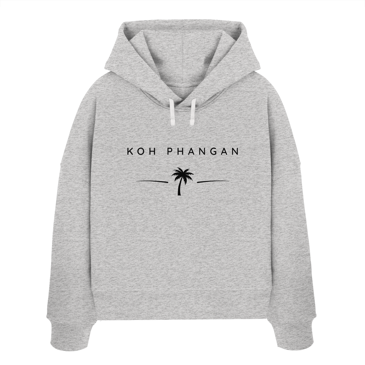 Frontansicht des Damen Bio Boxcut Hoodie in Heather Grey mit Koh Phangan Minimal Palm Frontprint