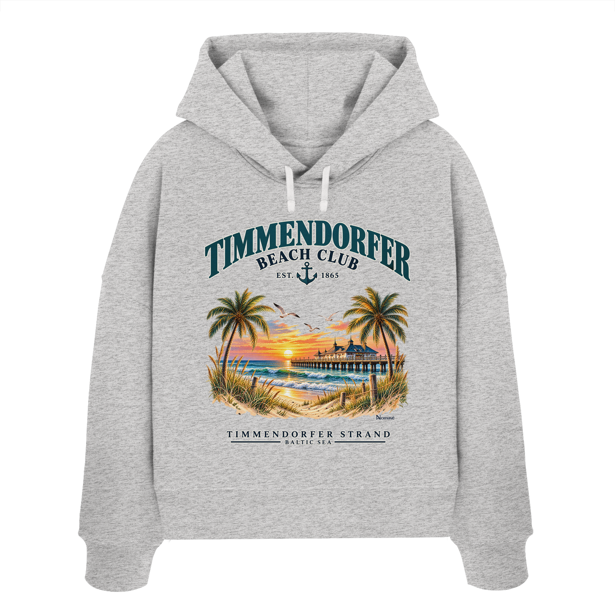 Originalmockup: Timmendorfer Beach Club Damen Bio-Boxcut-Hoodie in Cool Heather Grey, Vorderansicht mit maritimem Frontprint, Palmen, Seebrücke und Meer.