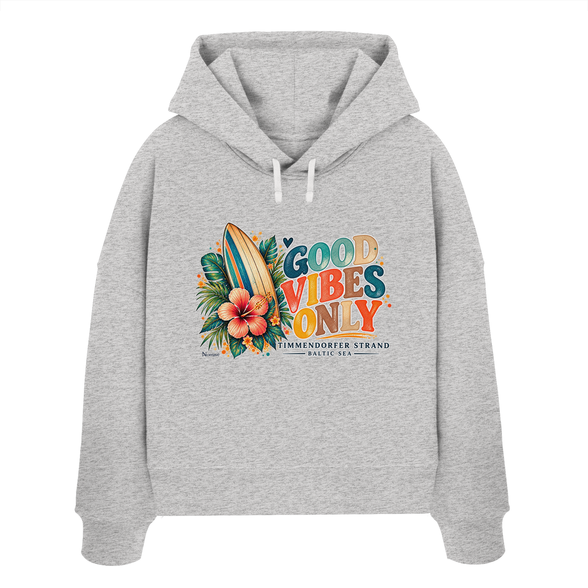 Timmendorfer Strand – Surf Vibes – Damen Bio-Boxcut-Hoodie mit Frontprint in Cool Heather Grey – Katalog-Vorderansicht mit Surfboard, Hibiskus und Good-Vibes-Only-Frontprint.