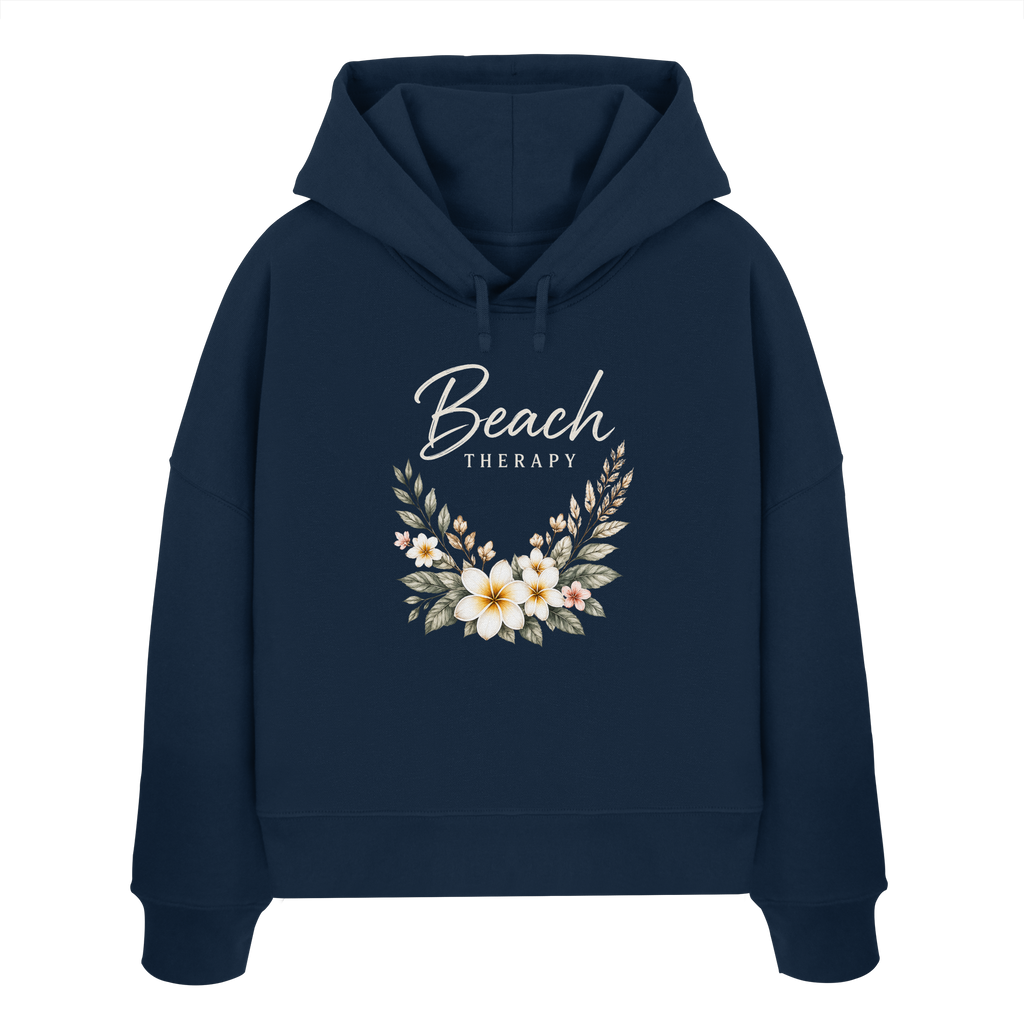 Damen Bio-Boxcut-Hoodie in French Navy mit floralem Beach-Therapy-Frontprint – Original-Mockup, Vorderansicht.