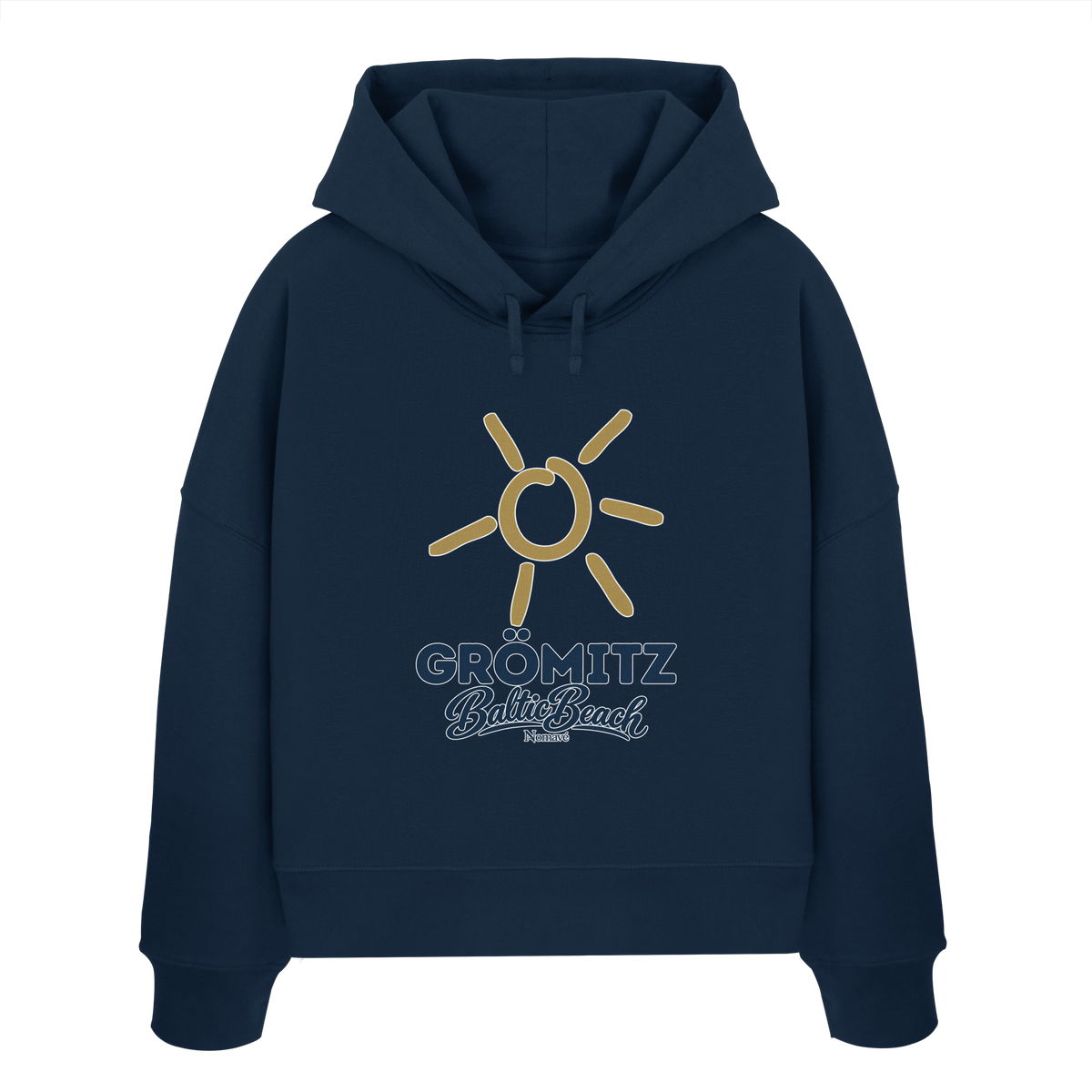 Damen Bio Boxcut Hoodie Grömitz Sonne Baltic Beach in French Navy – Frontdruck mit goldener Sonne, Shirtigo-Originalmockup 6