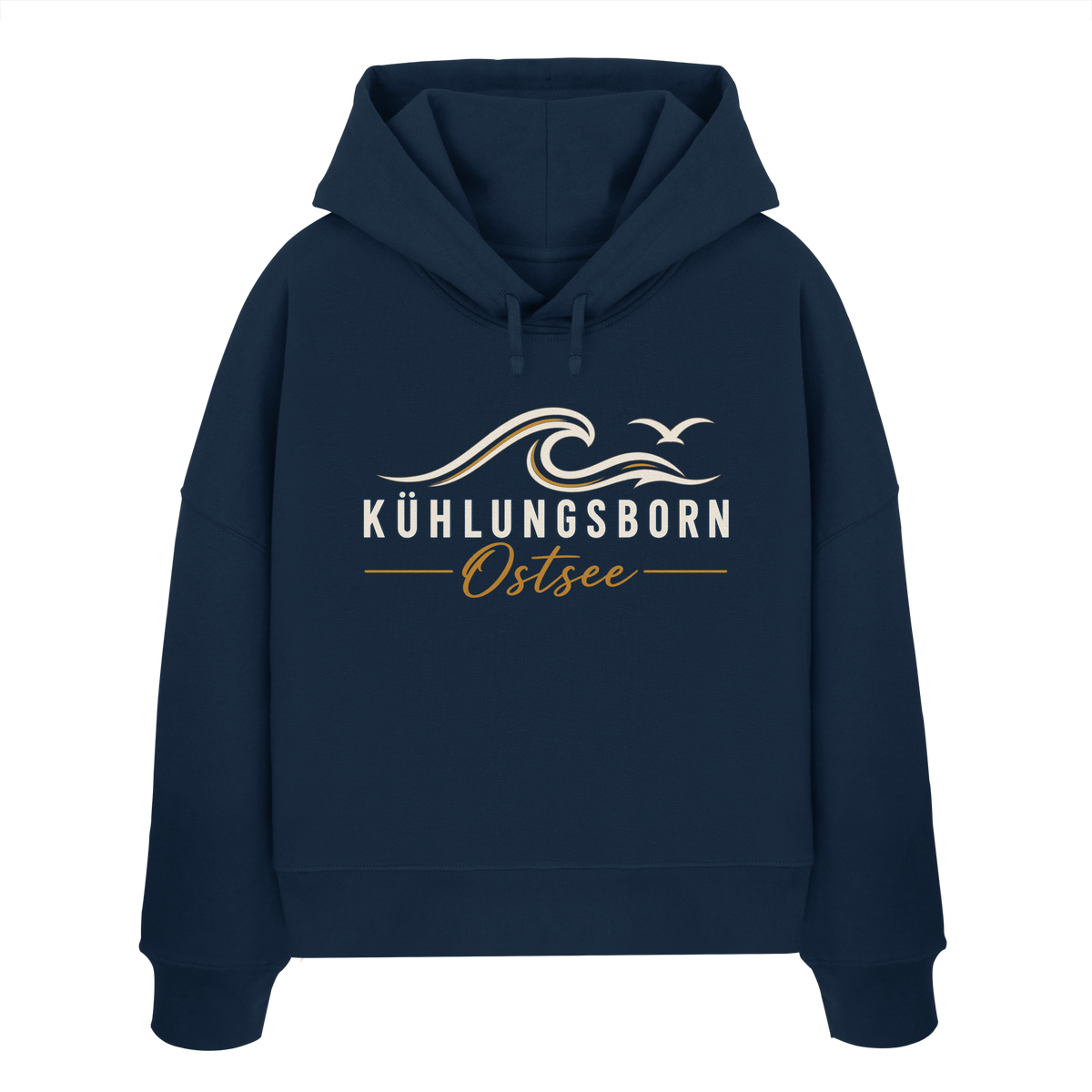 Shirtigo-Originalmockup: Damen Bio-Boxcut-Hoodie Kühlungsborn Baltic Waves, Dark Edition, French Navy, Vorderansicht mit Motiv.