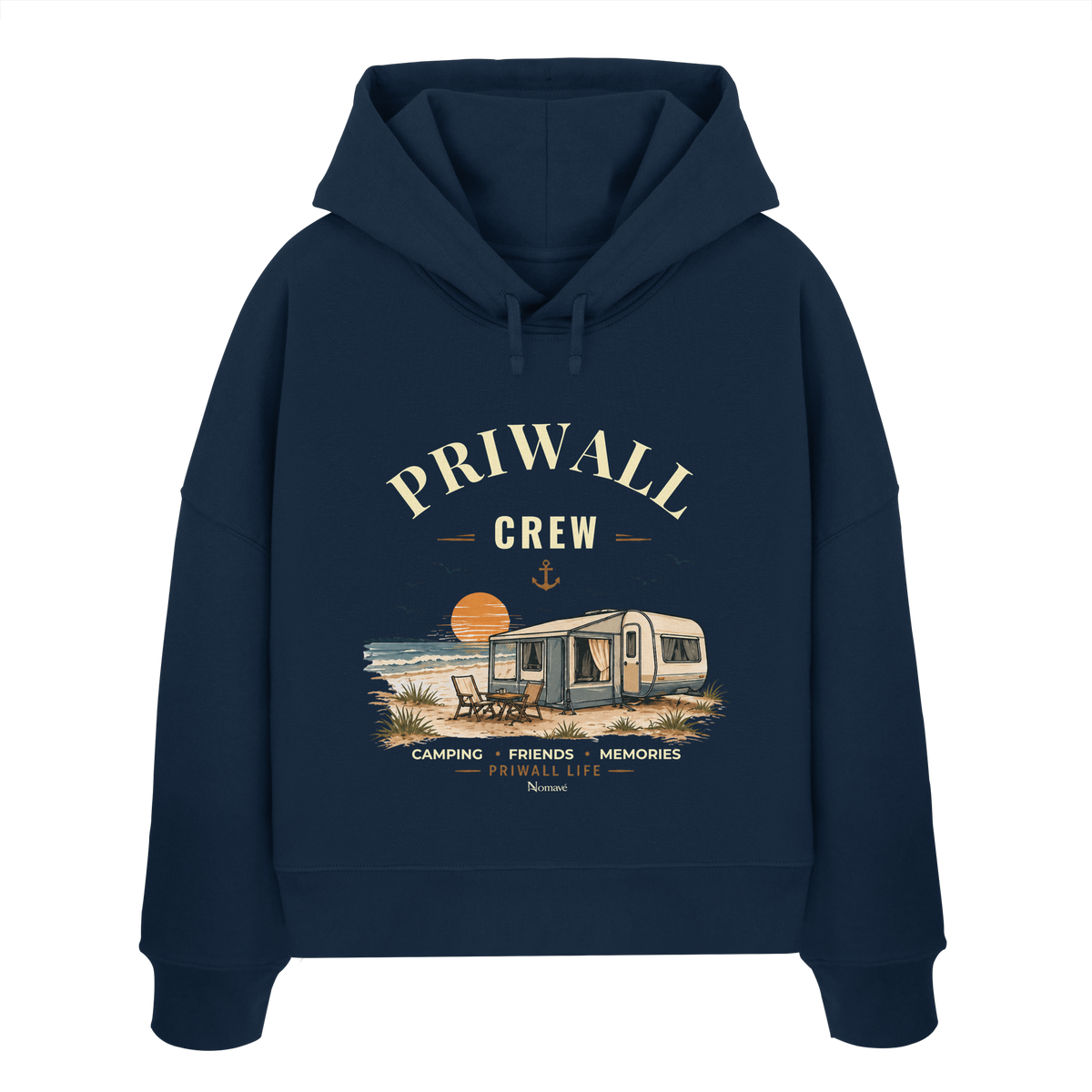 Damen Bio Boxcut Hoodie Kapuzenpullover in French Navy mit korrigiertem Priwall-Crew-Motiv der Dark Edition – Vorderansicht