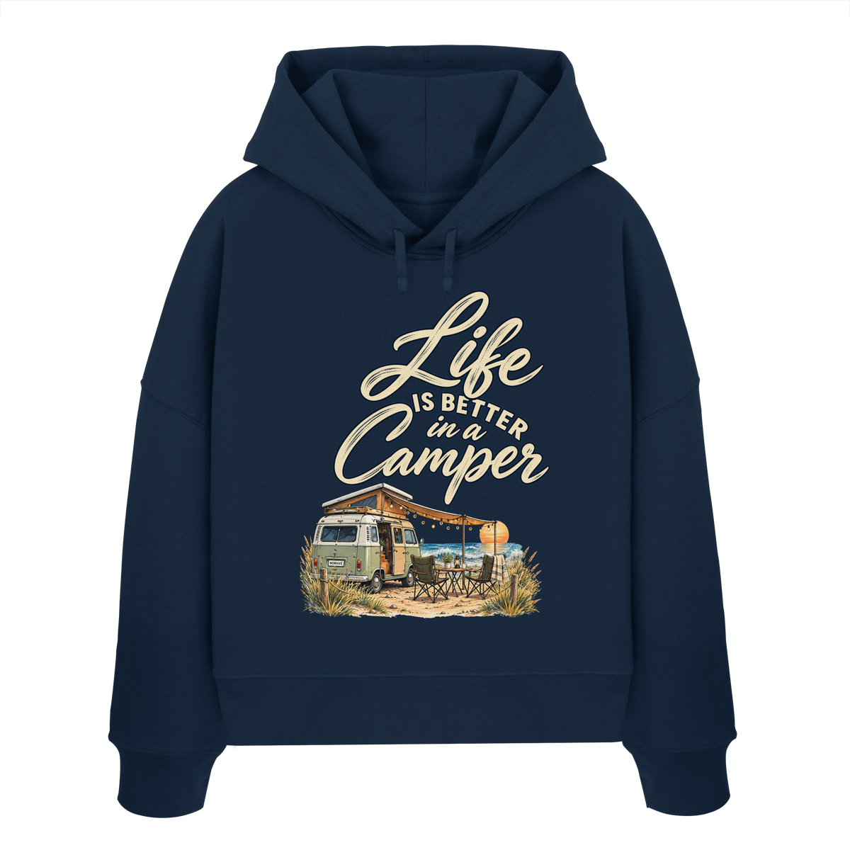 Damen Bio Boxcut Hoodie in French Navy mit „Life is better in a Camper“-Motiv – Vorderansicht für Vanlife- und Campingfans
