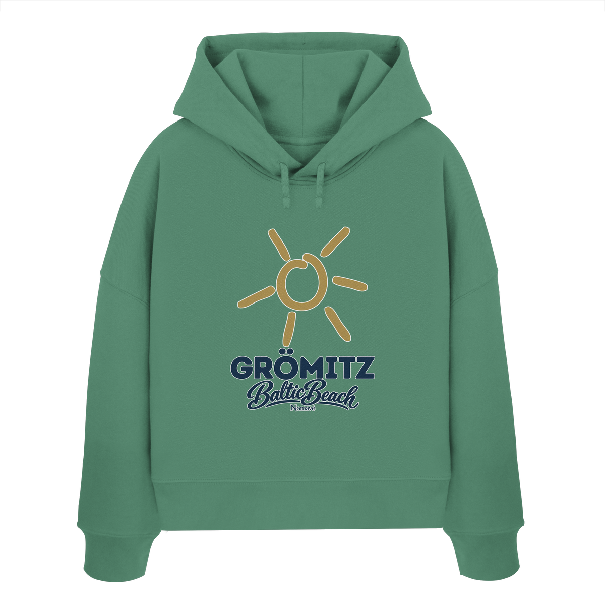 Damen Bio Boxcut Hoodie Grömitz Sonne Baltic Beach in Green Bay – Frontdruck mit goldener Sonne, Shirtigo-Originalmockup 4