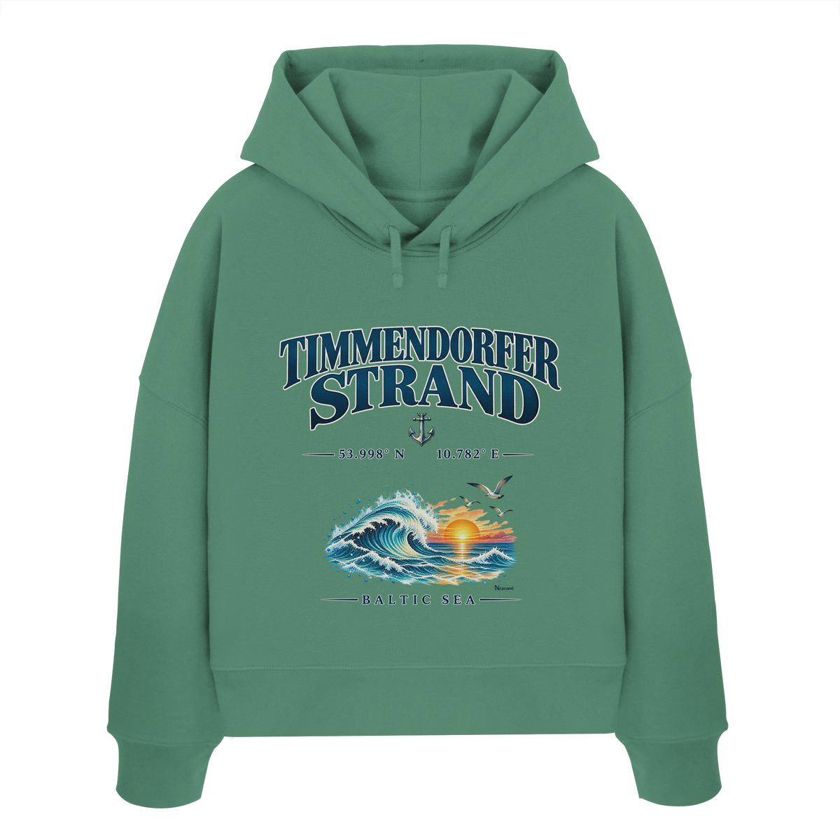 Original-Mockup 6: Damen Bio-Boxcut-Hoodie in Green Bay mit Timmendorfer Strand – Baltic Sea Frontprint.