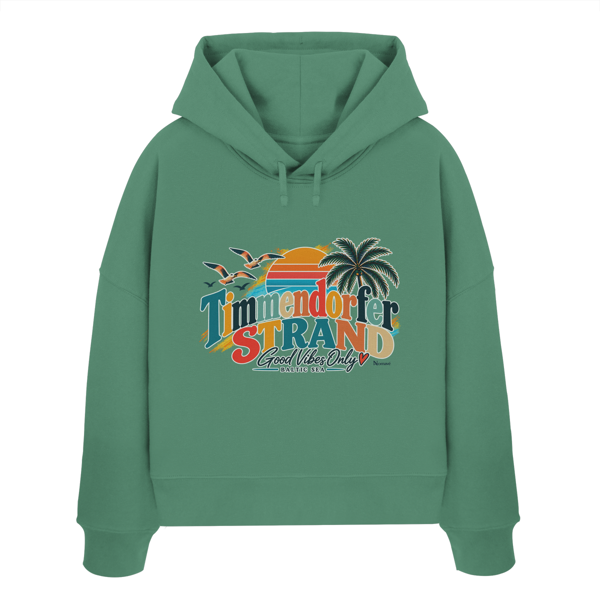 Damen-Boxcut-Hoodie in Green Bay mit Timmendorfer-Strand-Good-Vibes-Only-Frontprint, originales Shirtigo-Mockup.